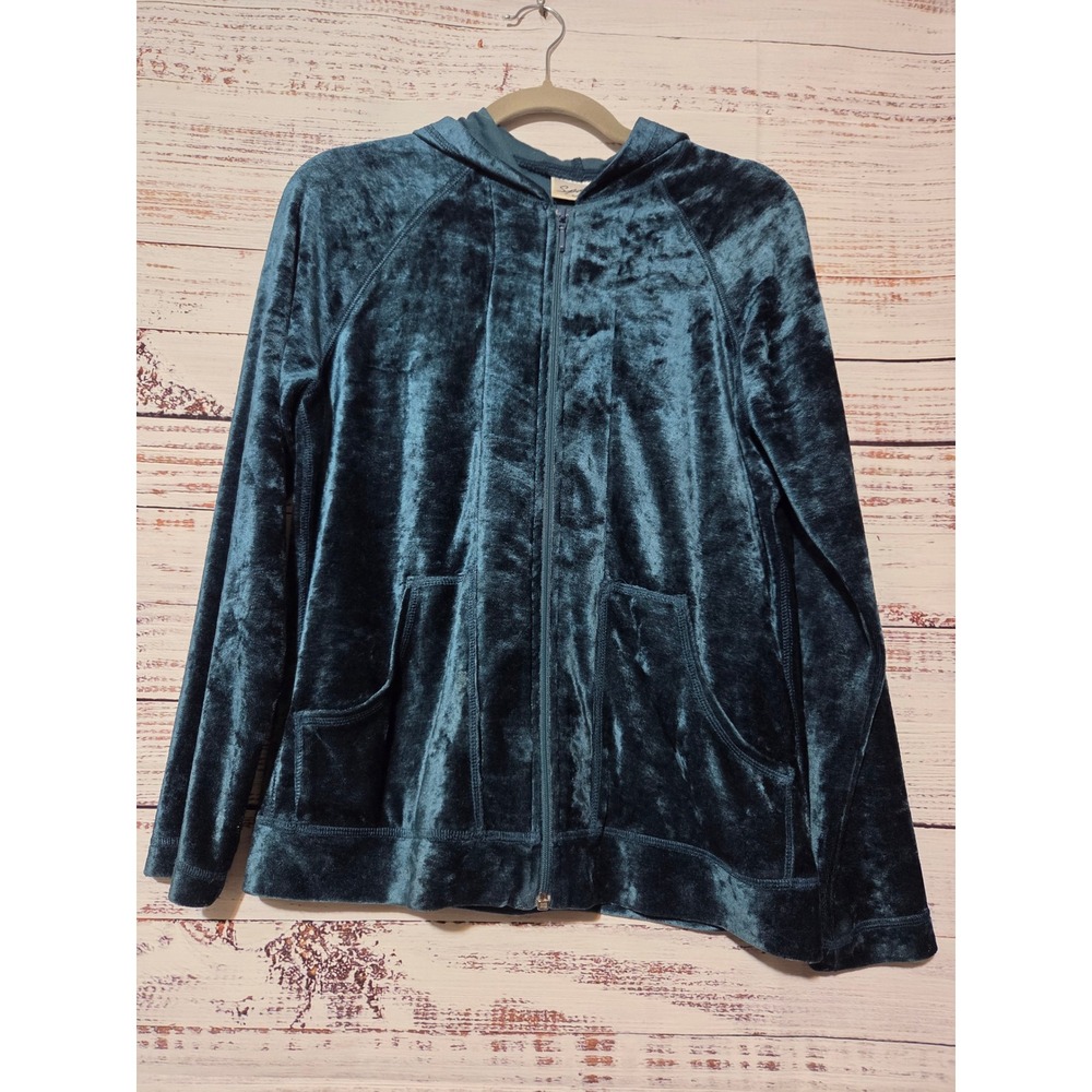 Spa by Chicos 0 Velvet Zip Up Hoodie Teal Blue Green Size Small 79984